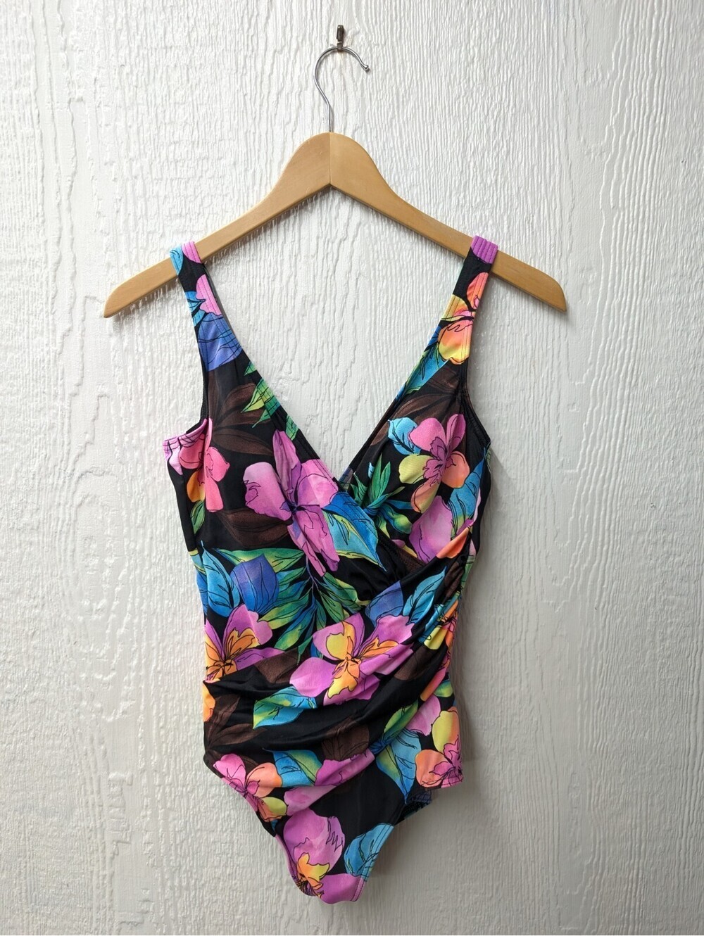 MiracleSuit Floral Print Faux Wrap Swimsuit One Piece Scoop Back Size 10